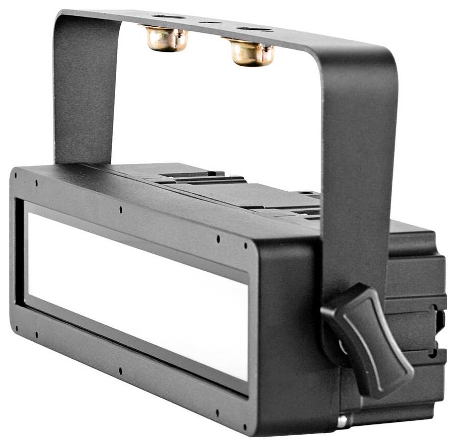 Ein schwarzes rechteckiges elektronisches Gerät mit einer Halterung und Reglern auf der Oberseite, möglicherweise eine Leuchte oder kompakte Ausrüstung.