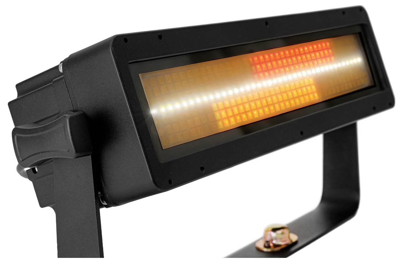 Rechteckiger Infrarotstrahler mit glühenden Heizelementen, auf einer schwarzen Halterung montiert, für den Außenbereich konzipiert, um Wärme zu spenden.