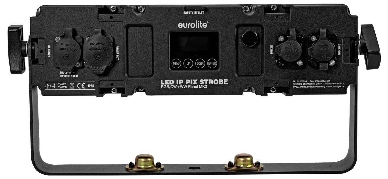 'Eurolite LED IP Pix Strobe' Leuchtfeld, Rückansicht mit Tasten, Anschlüssen und Montageklammer für professionelle Beleuchtung.