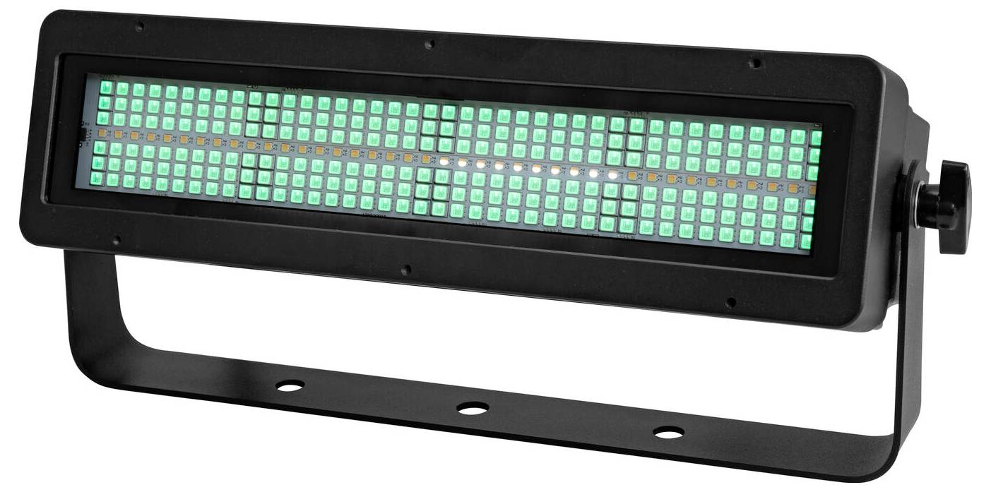 LED-Paneelleuchte mit verstellbarer Halterung, die ein Raster aus grünen Lichtern anzeigt, konzipiert für Bühnen- oder Veranstaltungsbeleuchtung.