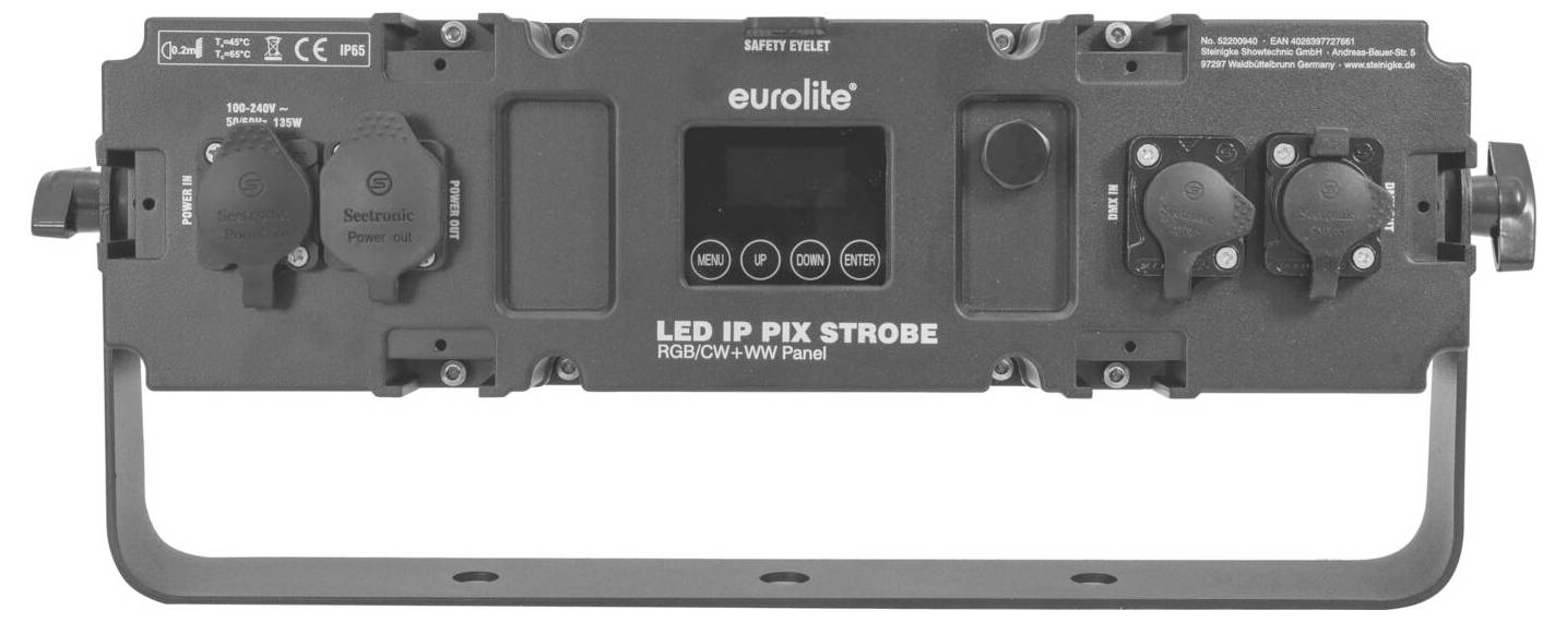 Das Bild zeigt ein Eurolite LED IP Pix Strobe Beleuchtungsgerät mit Bedienfeld und verschiedenen Ein-/Ausgangssteckverbindern.