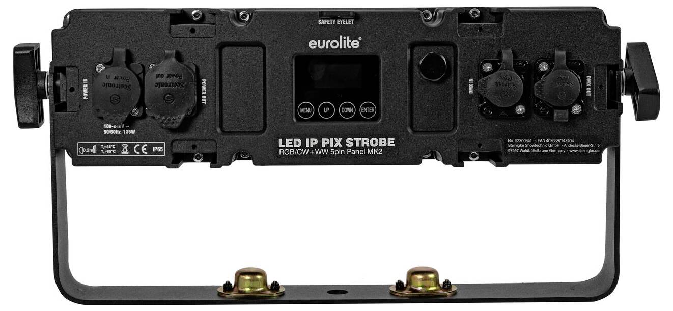 Digitales Stroboskoplicht-Panel mit verstellbarer Halterung, mit zentrale Schalttafel. Beschriftungen zeigen 'Sicherheitsöse' und 'eurolite'.