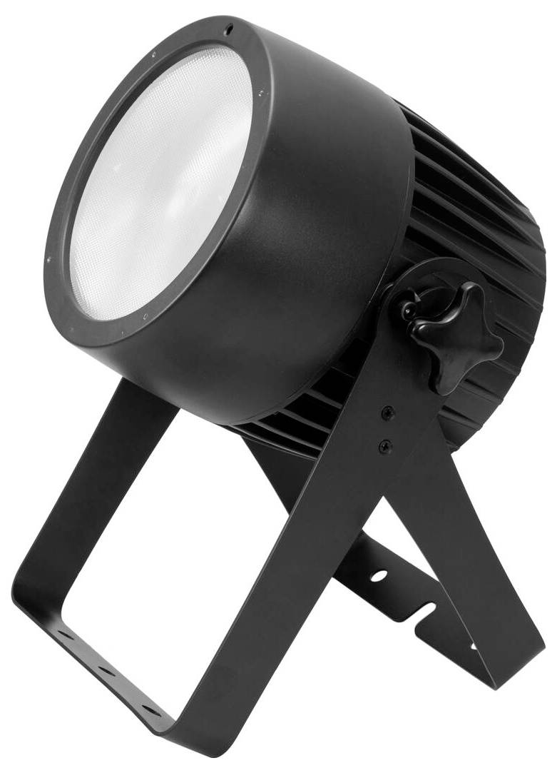 Ein schwarzer LED-Scheinwerfer mit zylindrischer Form auf einem verstellbaren Ständer, konstruiert für Bühnen- oder Veranstaltungsbeleuchtung.