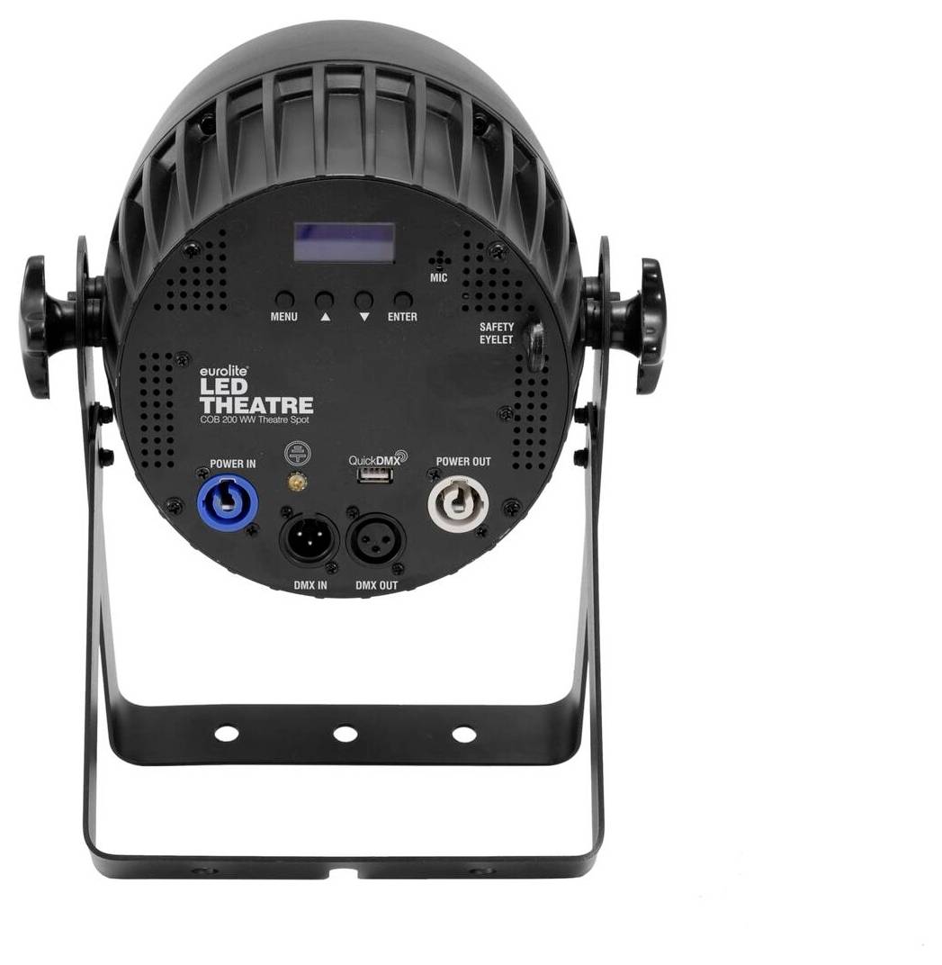 'Eurolite LED Theatre' Scheinwerfer Rückansicht mit Stromeingängen, Ausgängen und Anzeigebildschirm für Steuerungseinstellungen. Schwarzes, kreisförmiges Design.