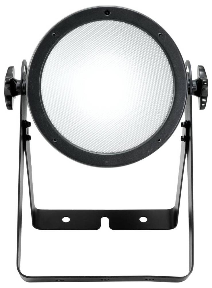 LED-Bühnenlicht mit kreisförmigem Rahmen und verstellbarem Stativ, das helles weißes Licht ausstrahlt und für Theater- oder Konzertbeleuchtung verwendet wird.