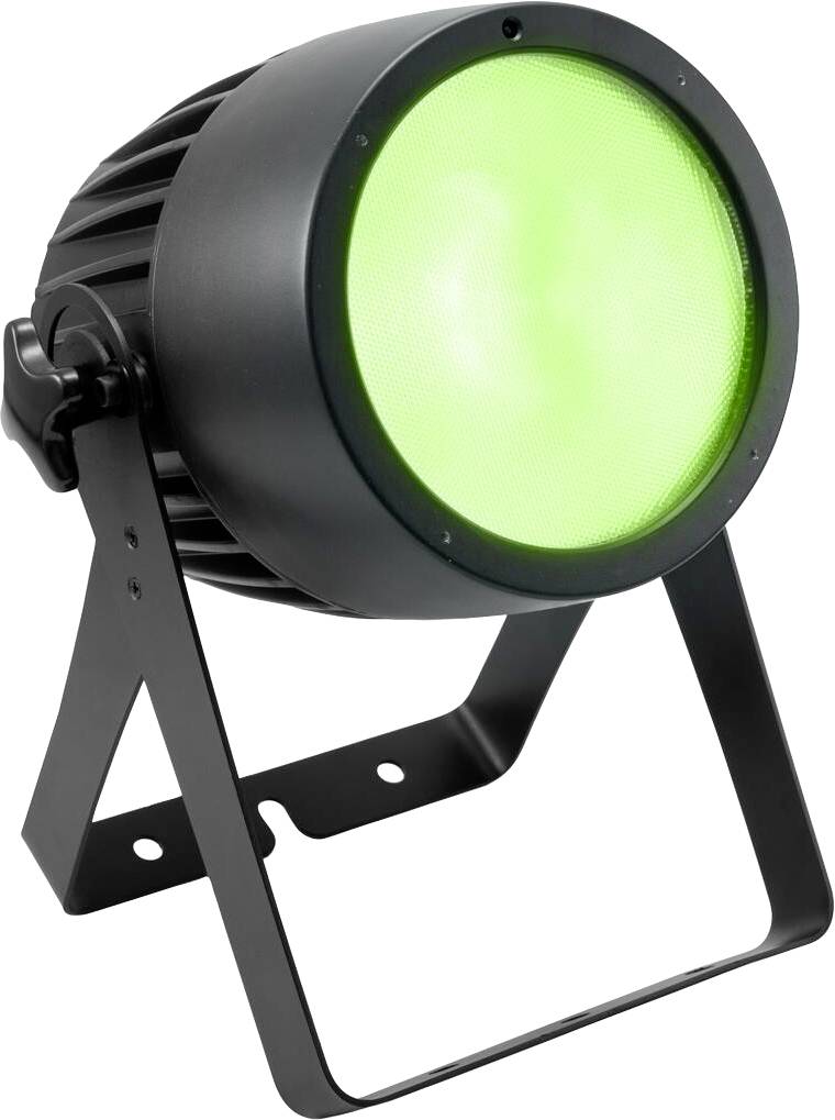 Ein kleiner, runder Scheinwerfer mit einem hellen grünen Licht ist auf einem schwarzen Metallständer montiert und eignet sich für Veranstaltungen oder Bühnenlicht.