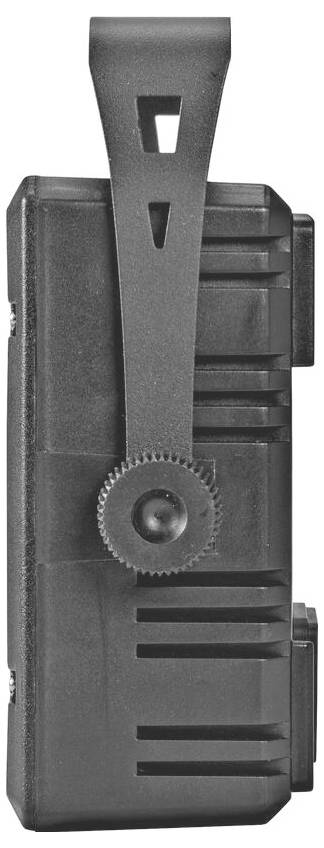 Ein schwarzes Kunststoffgerät mit einer Verriegelung und einem Zahnradmechanismus, von der Seite betrachtet.