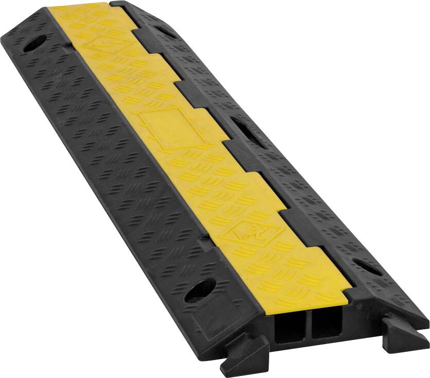 Ein schwarz-gelber Kabelschutz mit einer strukturierten Oberfläche, der dazu entwickelt wurde, Kabel zu sichern und Stolperfallen in Fußgängerbereichen zu verhindern.