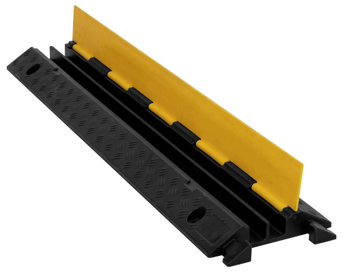 Ein schwarz-gelber Kabelschutz mit Klappdeckel, konzipiert zum Sichern und Schutz von Kabeln, geeignet für den Außen- und Dauereinsatz.