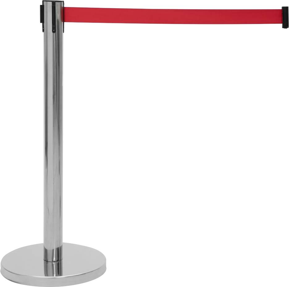 Eine einziehbare Absperrung mit rotem Band erstreckt sich von einem silbernen Pfosten und wird häufig zur Menschenführung oder zum Lenken von Warteschlangen verwendet.