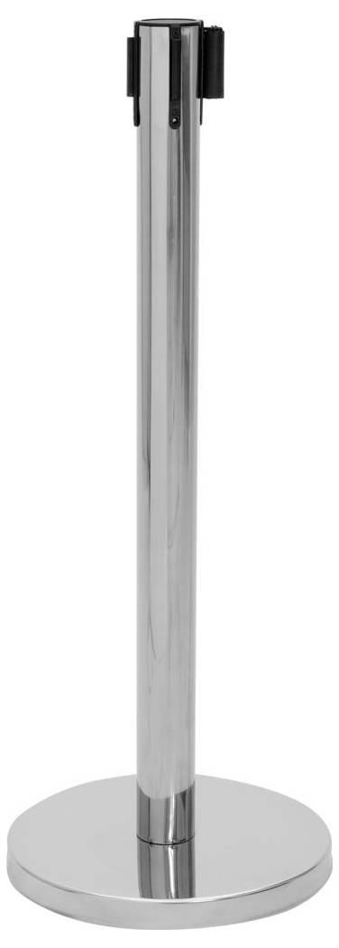 Ein Metallständerpfosten mit runder Basis, mit Befestigungspunkten für ein ausfahrbares Gürtelband, verwendet zur Menschenmengenkontrolle oder Schlangenverwaltung.