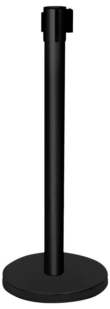 Ein schwarzer Absperrpfosten mit rundem Sockel, typischerweise zur Schaffung von Barrieren oder zur Lenkung von Warteschlangen in öffentlichen Räumen verwendet.