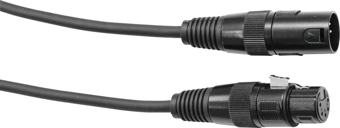 Zwei schwarze XLR-Audiostecker mit sichtbaren Stiften und Buchsen auf weißem Hintergrund, verwendet für professionelle Audiogeräteverbindungen.