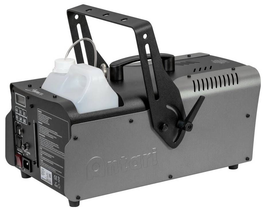 Eine Nebelmaschine mit robustem Metallgehäuse, sichtbarem Flüssigkeitsbehälter und verstellbarem Griff für einfachen Transport und Verwendung.
