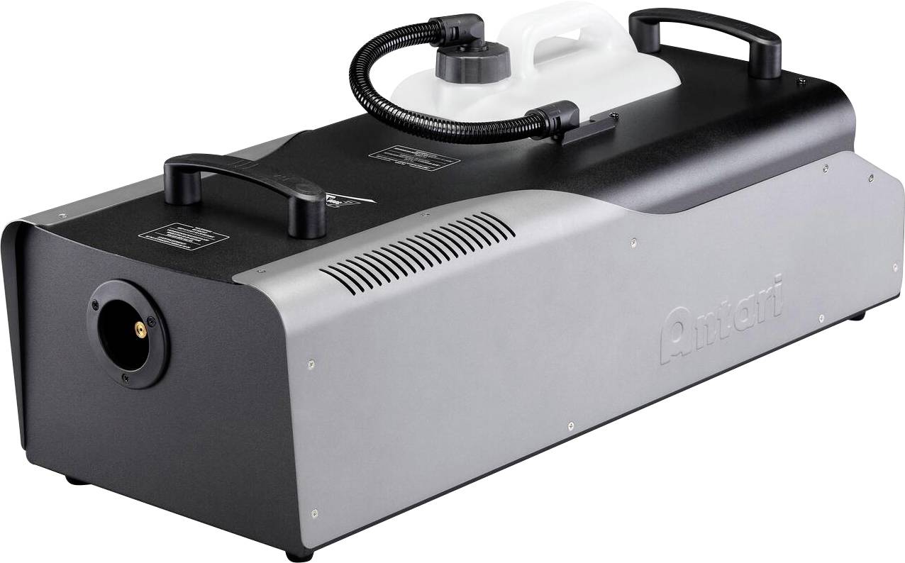 Nebelmaschine mit schwarzem und silbernem Design, mit einem Flüssigkeitsbehälter oben und einem Griff für die Portabilität.