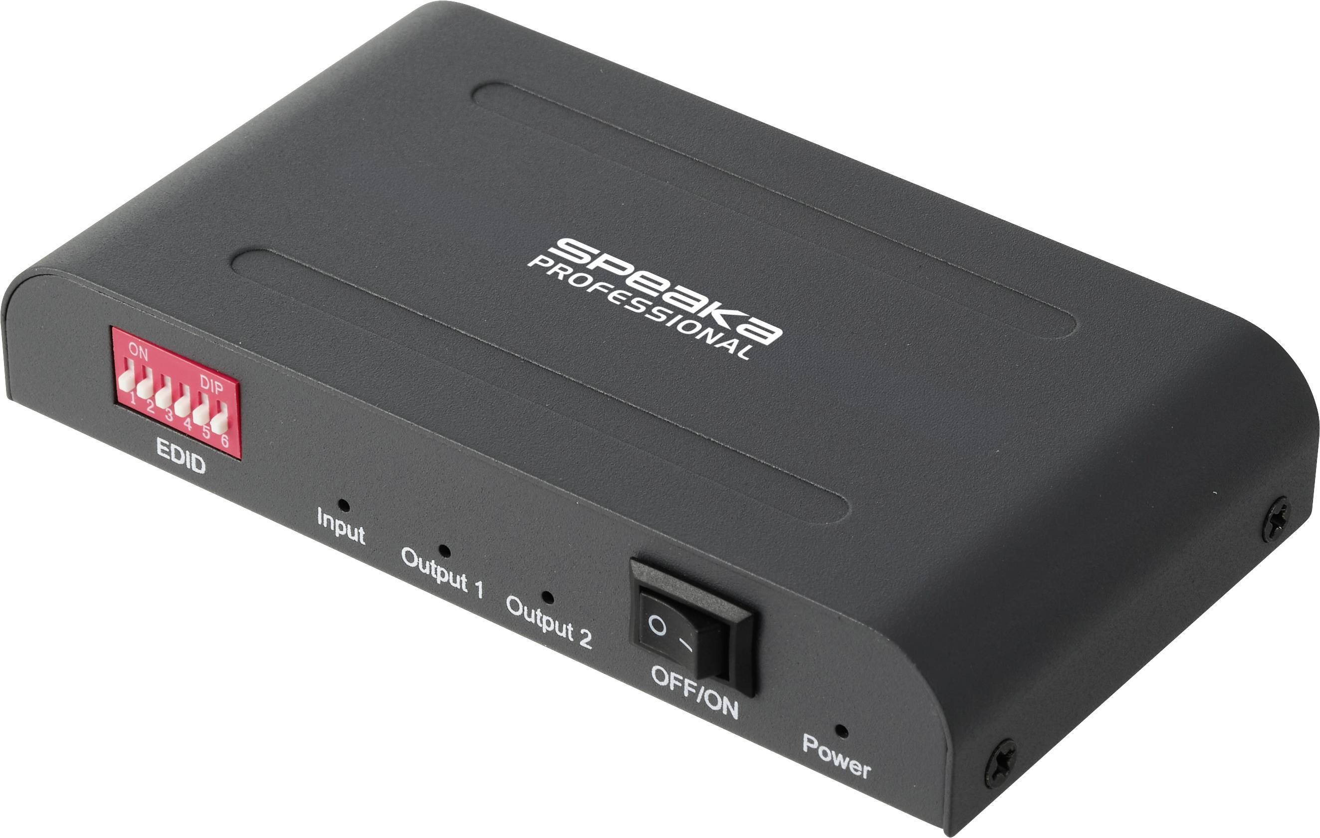 Black Speaker Professional HDMI-Splitter-Box mit DIP-Schaltern, Ein-/Ausgabeanschlüssen und Ein-/Aus-Stromschalter.