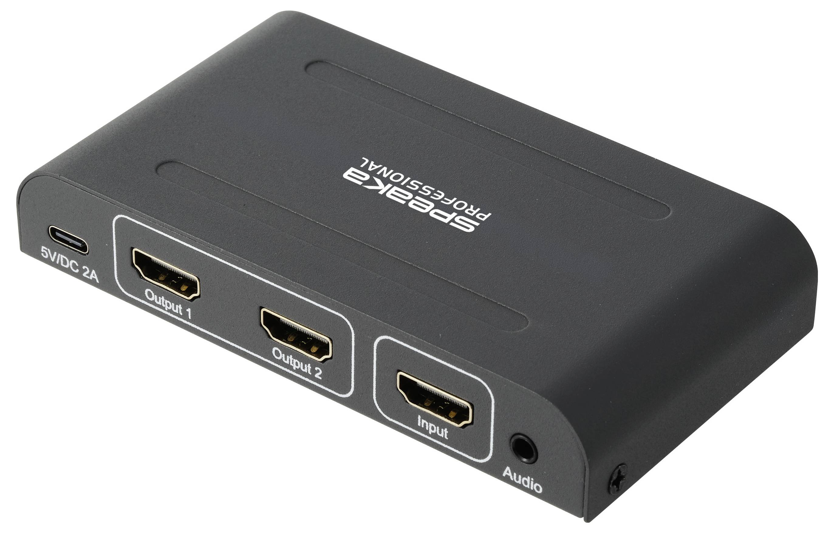 Schwarze HDMI-Umschalterbox mit 2 Ausgängen und 1 Eingang, plus USB-C-Stromversorgung und Audioport auf der Frontplatte.