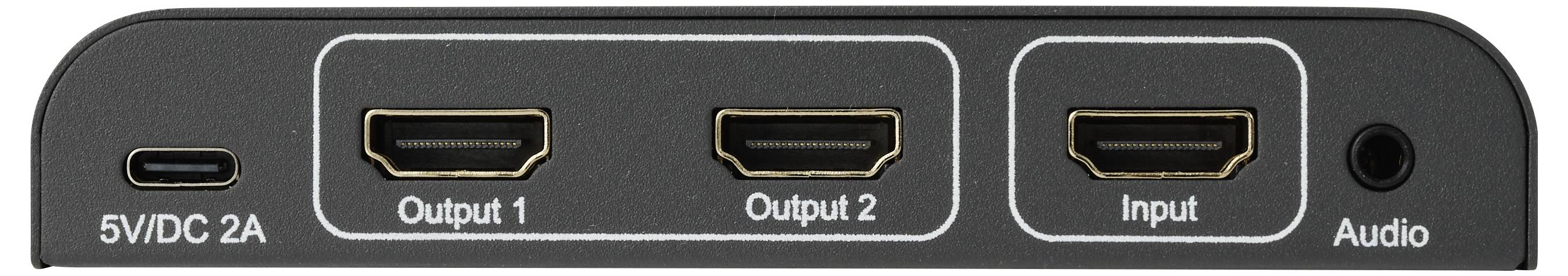 Nahaufnahme der Rückseite eines Geräts mit einem USB-C-Stromanschluss mit der Aufschrift „5V/DC 2A