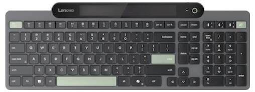 Eine lange, schwarze Lenovo-Wireless-Tastatur mit Ziffernblock, mit minimalistischem Design und grünen Akzenten auf der Leertaste und der Eingabetaste.