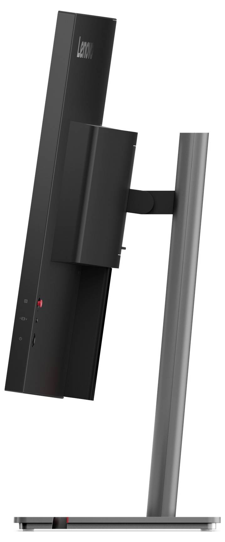 Eine Seitenansicht eines dünnen schwarzen Computermonitors auf einem schlanken Ständer, der sein schlankes Profil und modernes Design zur Schau stellt.