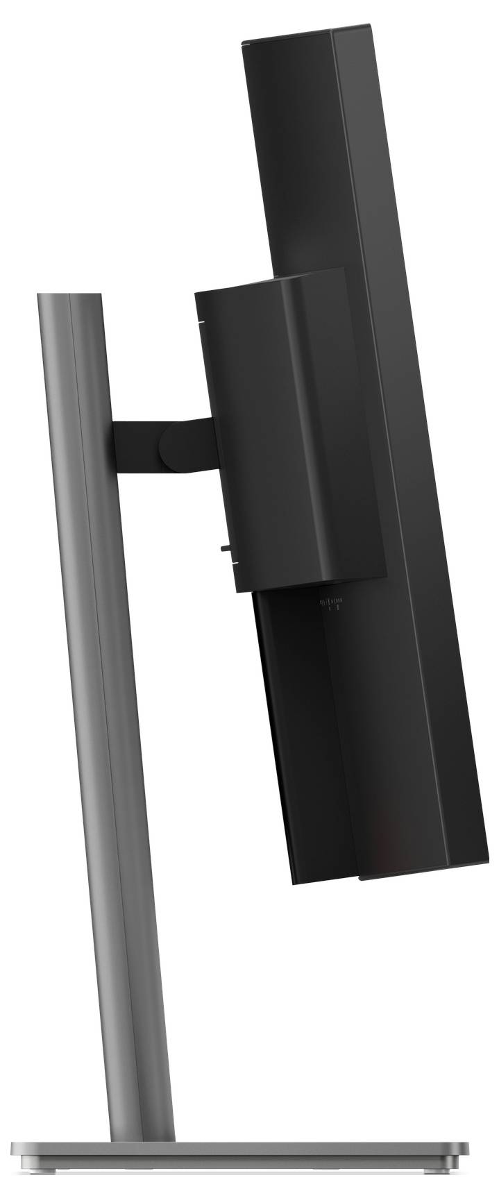 Eine Seitenansicht eines schwarzen Computermonitors auf einem silbernen verstellbaren Ständer, die sein schlankes Profil und die ergonomischen Designmerkmale hervorhebt.