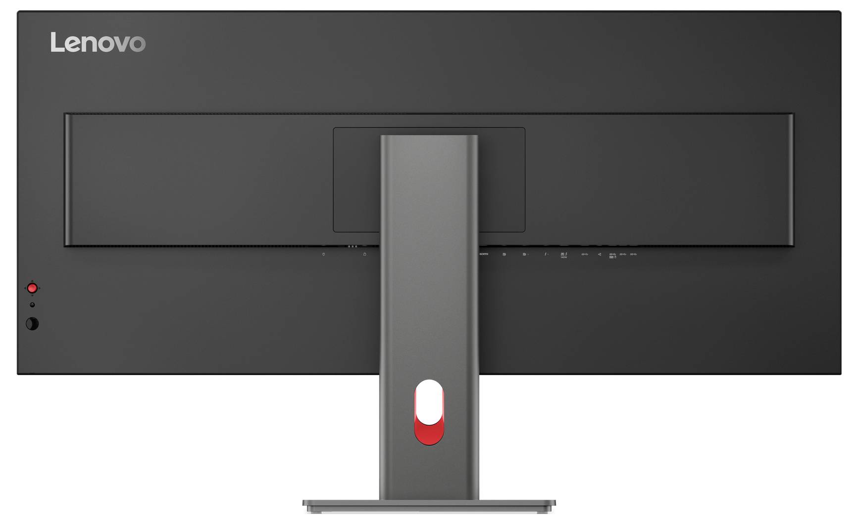 Rückansicht eines schwarzen ultrabreiten Lenovo-Monitors mit Ständer, Eingabeanschlüssen und Unternehmenslogo in der oberen linken Ecke.