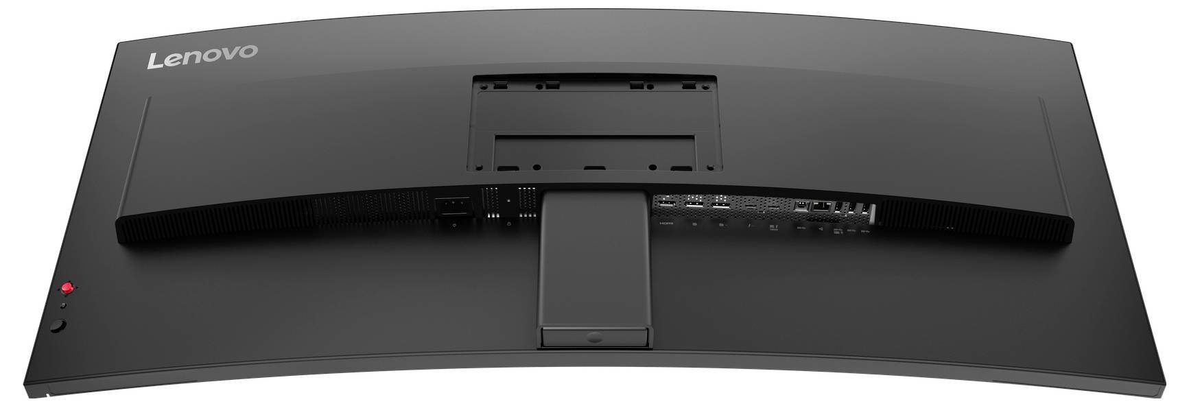 „Rückansicht eines gekrümmten Lenovo-Monitors mit Anschlüssen und einem Befestigungsbereich für die Halterung, die Konnektivität und Designmerkmale hervorhebt.