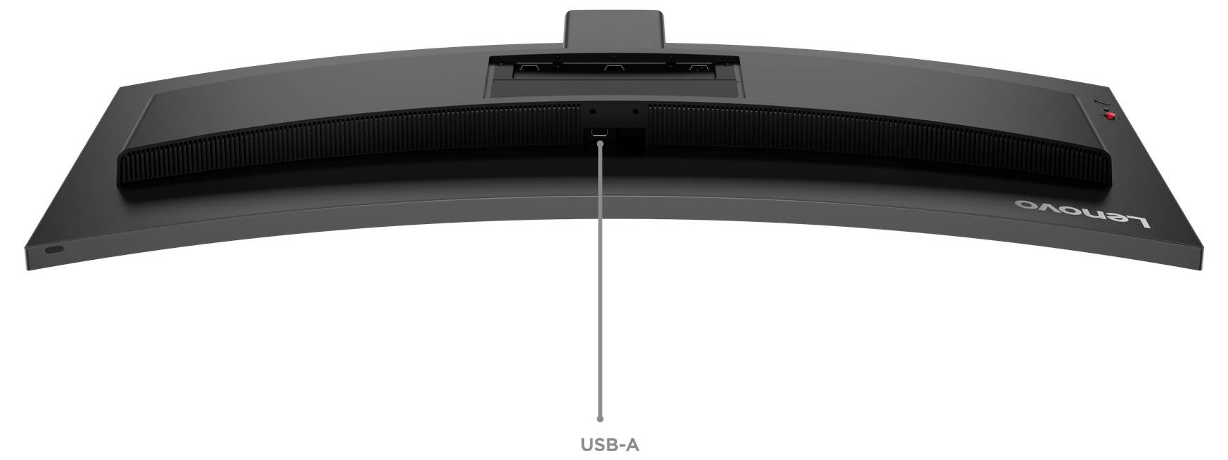 Draufsicht auf einen gekrümmten Lenovo-Monitor mit einem USB-A-Anschluss auf der Rückseite, hervorgehoben durch eine Linie, die darauf zeigt.