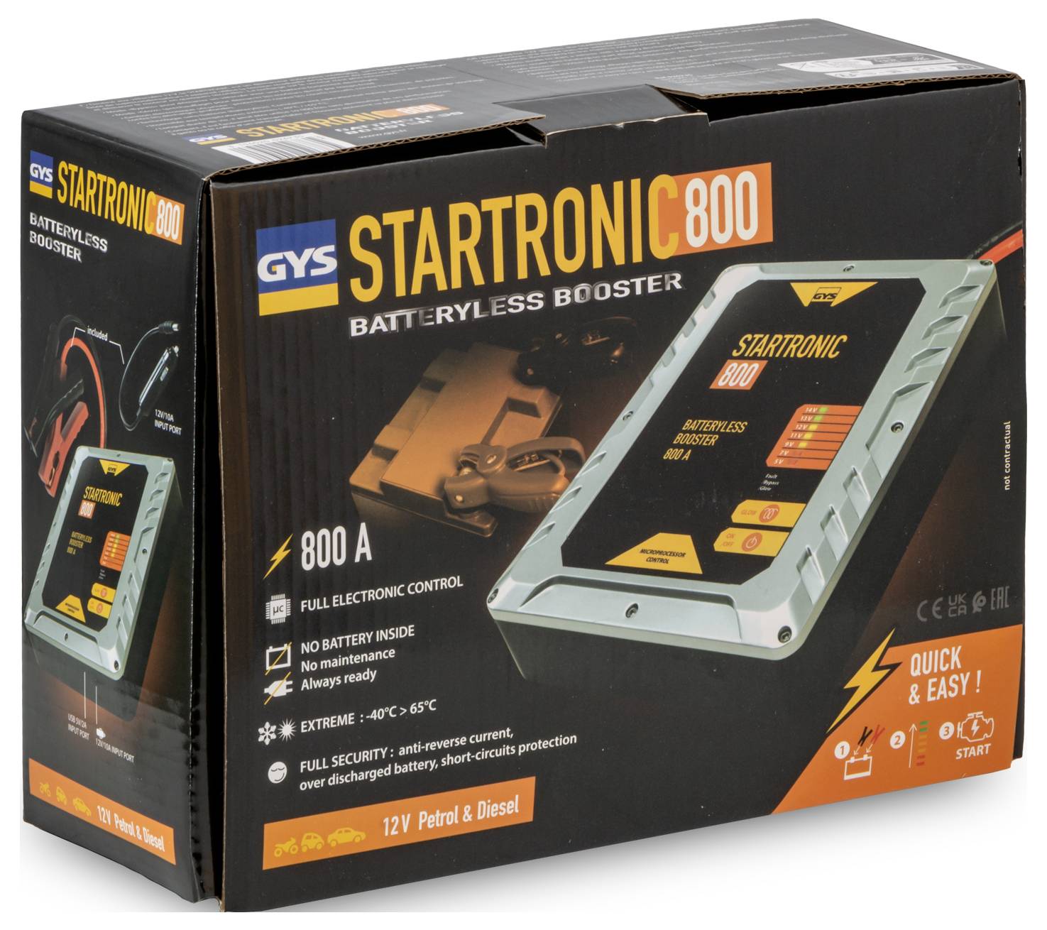 Das Bild zeigt eine Box für den 'GYS STARTRONIC 800' Starthilfegerät ohne Batterie. Es hebt die 800A-Leistung, die vollständige elektronische Steuerung und die Schnellstart-Funktionen hervor.