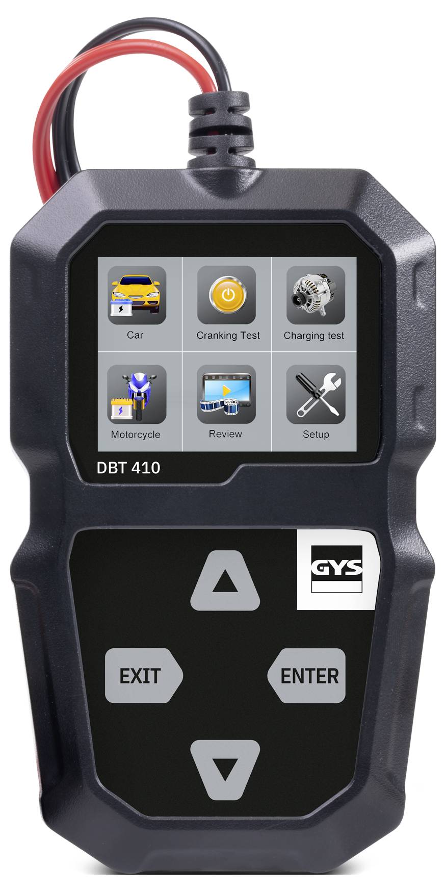 Ein digitales Batterietestgerät mit einem Bildschirm, der Symbole für verschiedene Tests anzeigt: Auto, Starttest, Ladetestt, Motorrad, Überprüfung und Einrichtung.