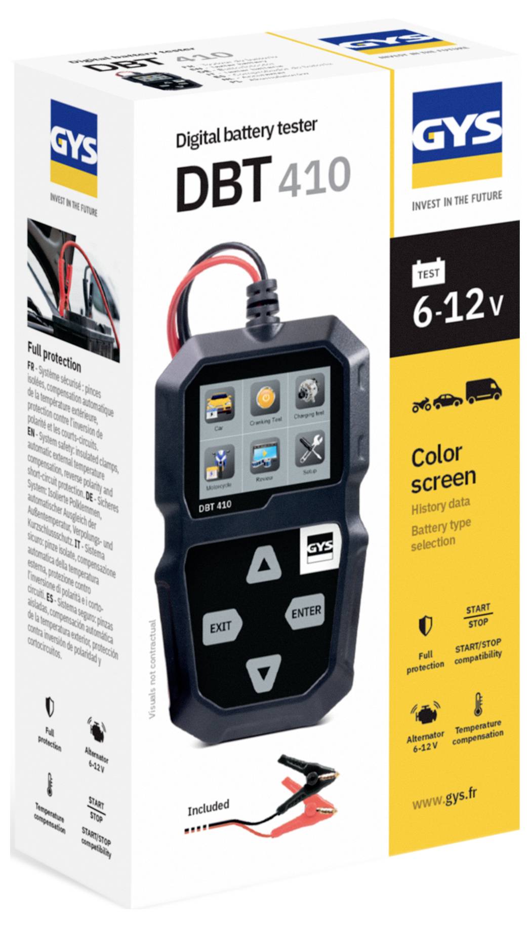 **Digitales Batterietestgerät DBT 410** mit Geräteabbildung. Funktionen: Verlaufsdaten, Batterietypauswahl. Bereich 6–12 V, Farbbildschirm.