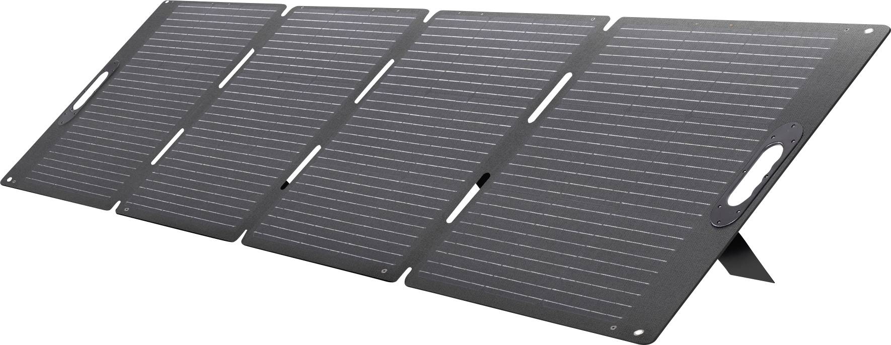 Ein tragbares, faltbares Solarpanel mit fünf dunklen Panels in Reihenschaltung, konzipiert für die Verwendung im Freien zum Laden von Batterien oder Geräten.