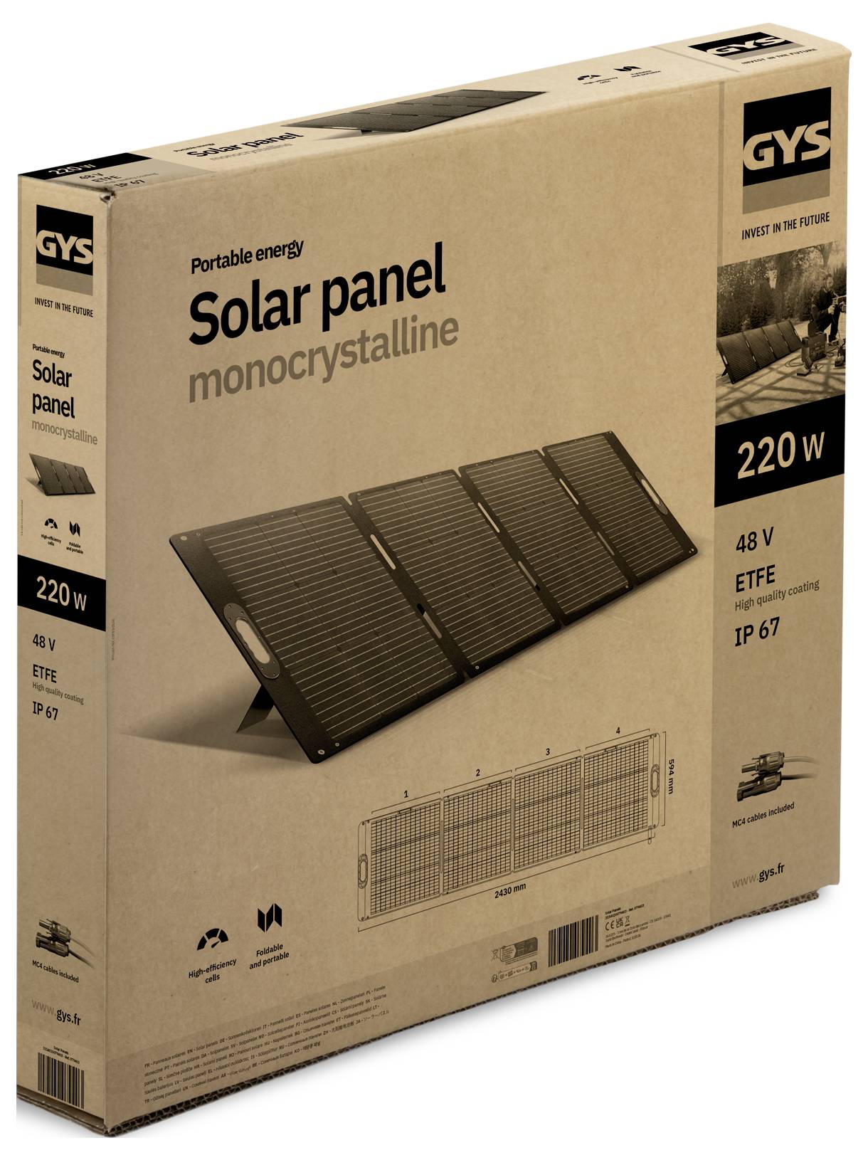 Ein Kartonkarton mit einem Bild eines Solarmoduls und dem Text: „Tragbare Energie, Solarmodul, monokristallin, 220 W, 48 V, ETFE, IP 67.
