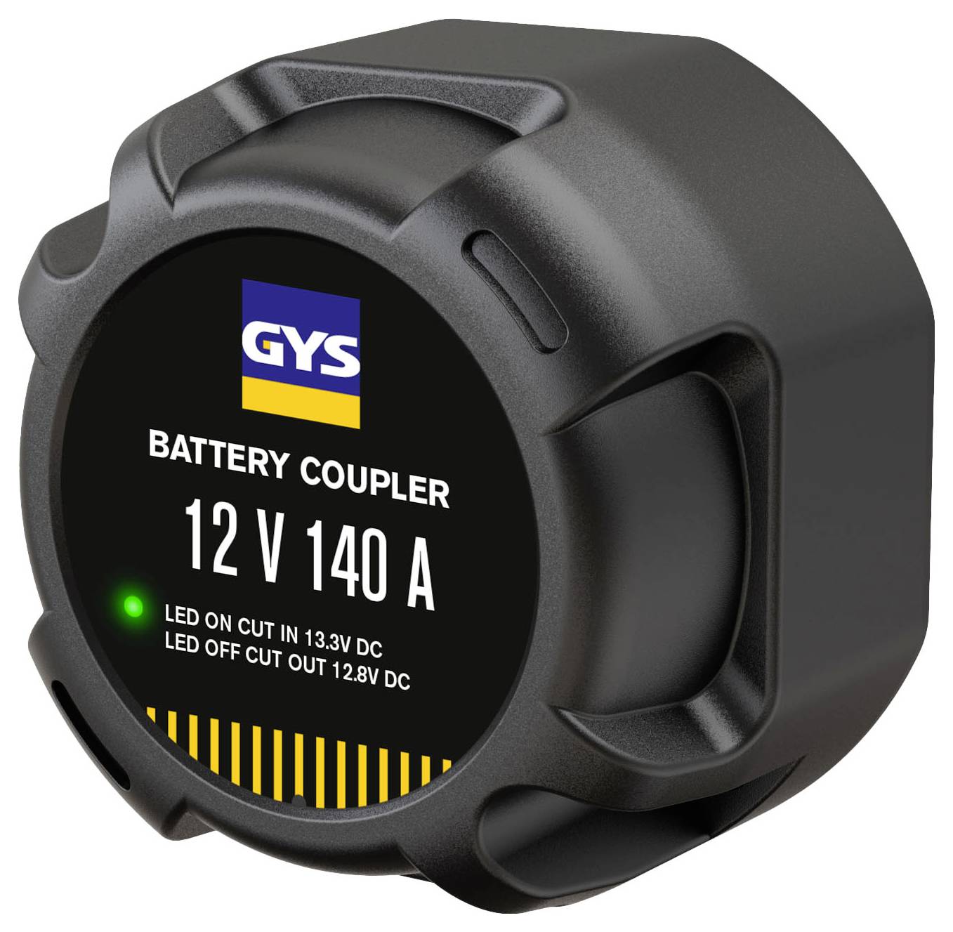GYS Batteriekoppler, 12V 140A, mit LED-Anzeigen für Ein- und Ausschaltspannungen. Schwarzes Gehäuse mit gelbem und blauem Branding.