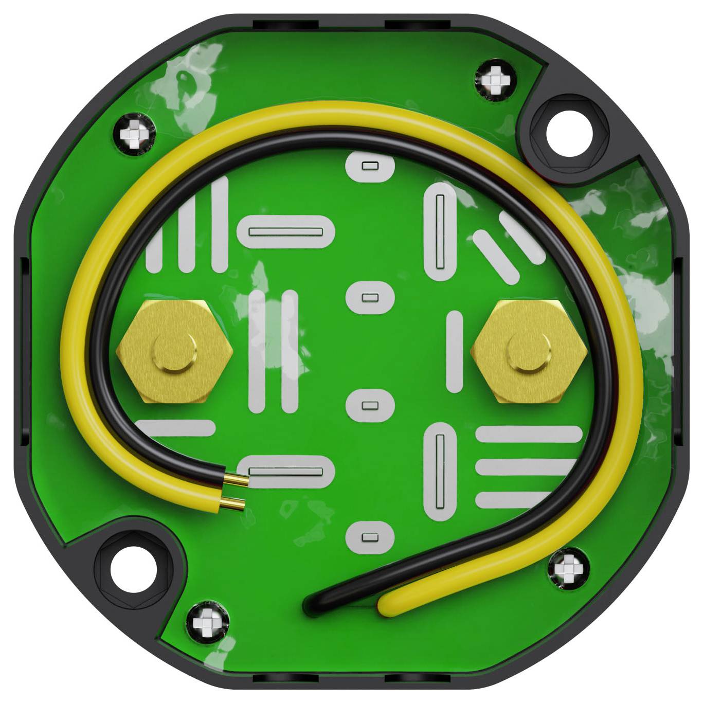 Runde grüne Leiterplatte mit gelben und schwarzen Drähten, die innen aufgewickelt sind, mit zwei sechseckigen Steckverbindern und mehreren weißen Linien.