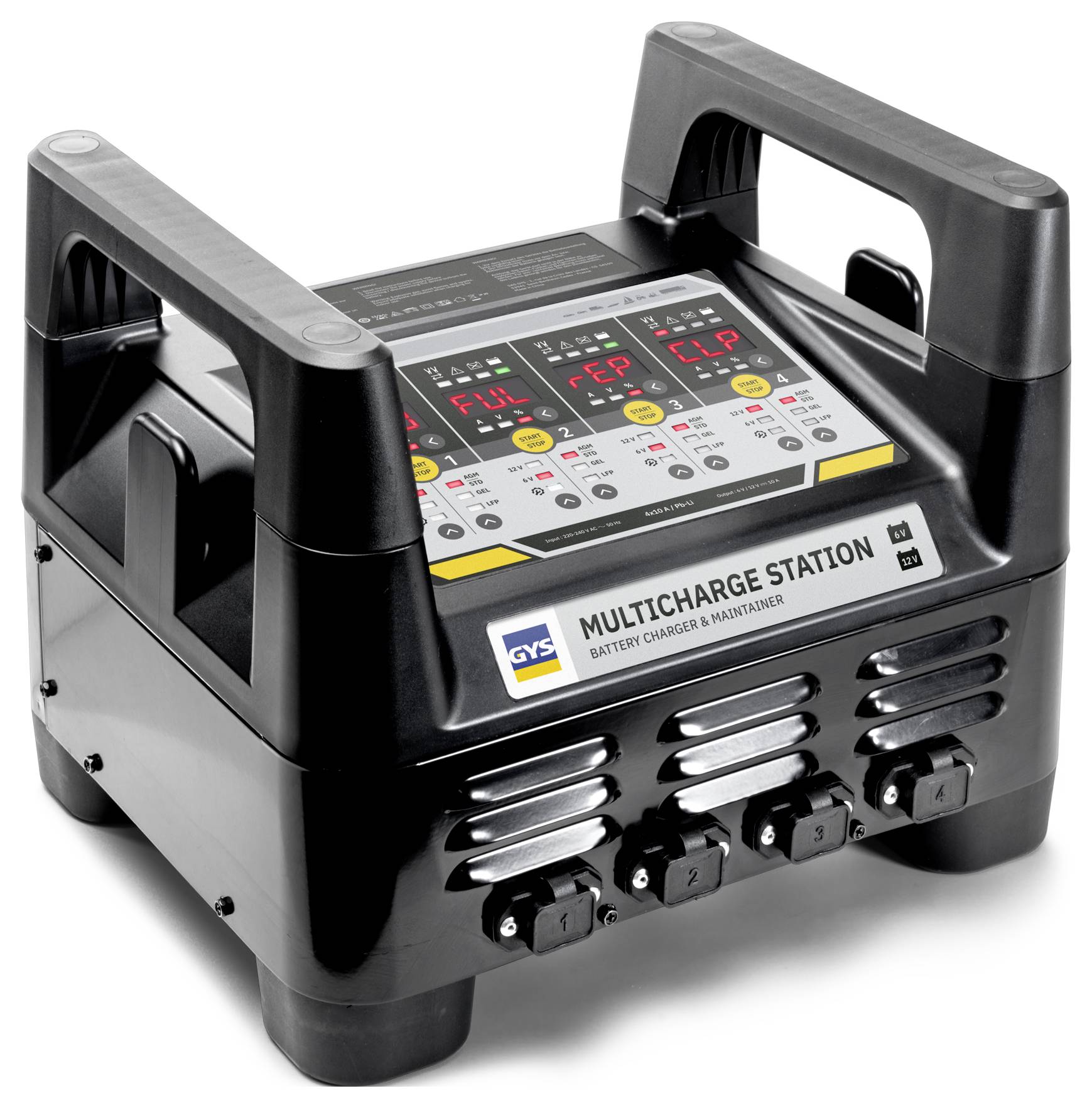 Ein schwarzes Mehrladestation-Batterie-Ladegerät mit beschrifteten Bedienelementen und Anzeigen oben, mit vier einzelnen Ladeanschlüssen.