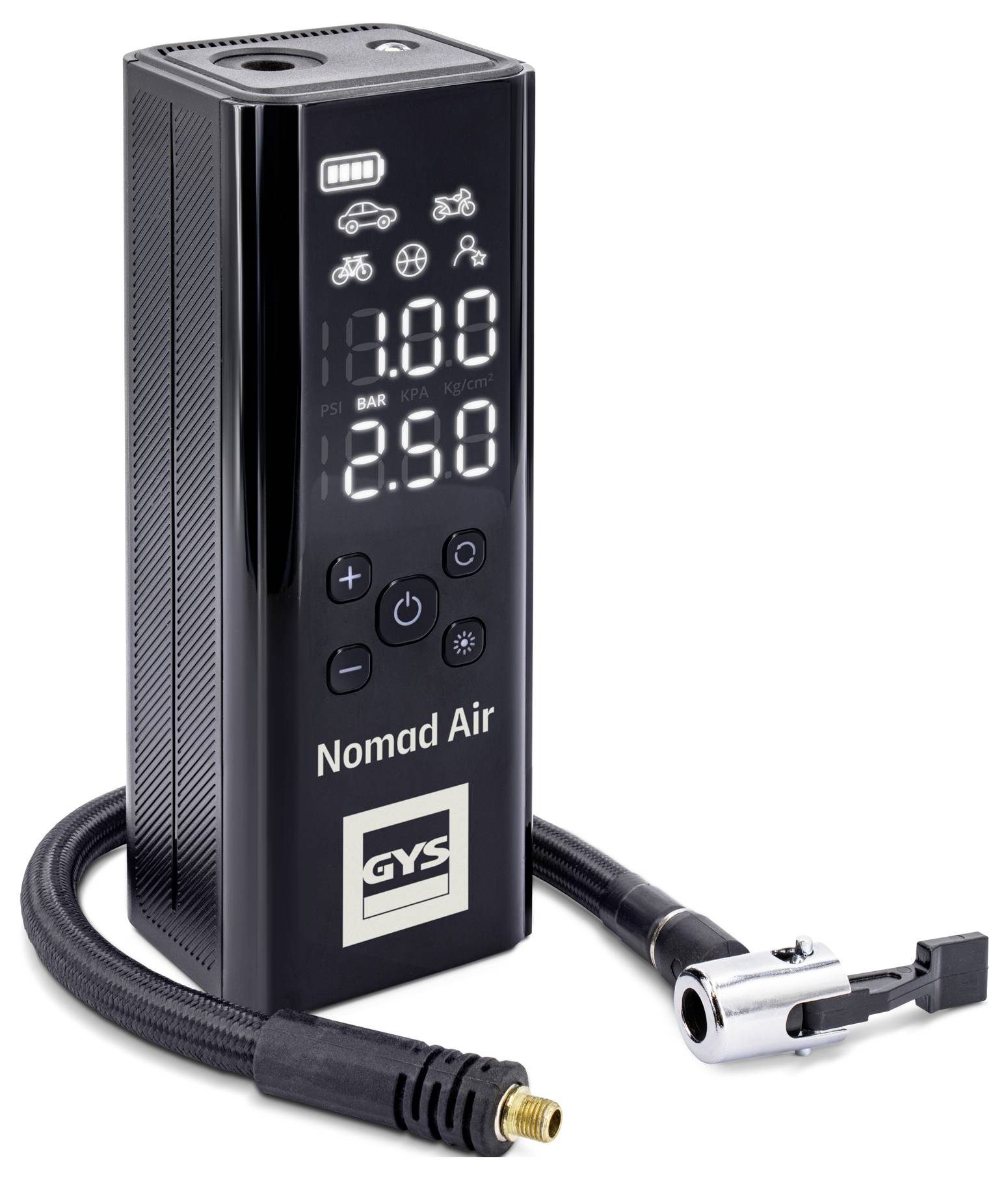 Tragbarer digitaler Luftkompressor mit Display zur Anzeige des Reifendrucks in Bar, konzipiert für Fahrräder, Motorräder und Autos.