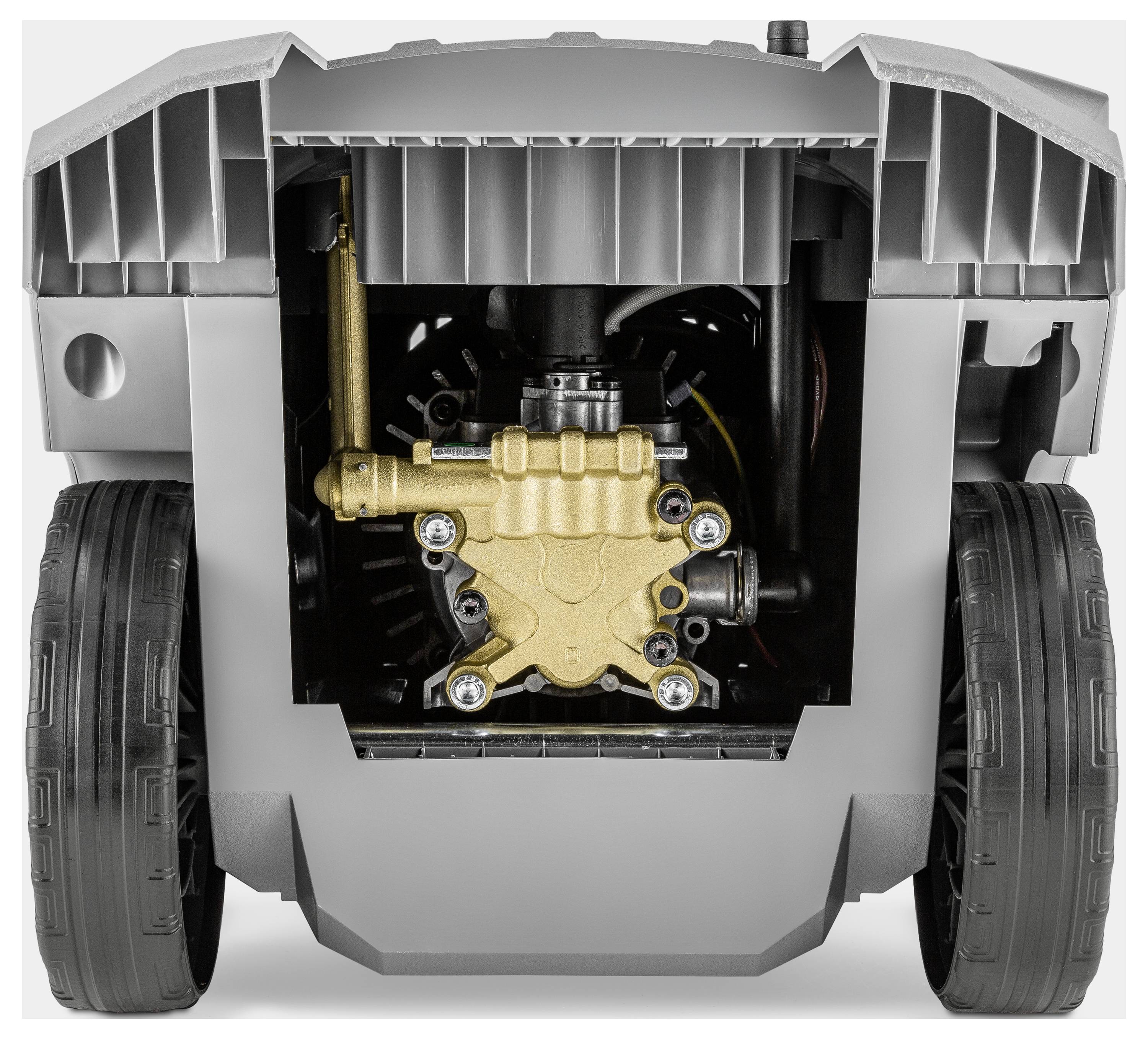 Das Bild zeigt die Unteransicht einer Maschine mit sichtbaren Zahnrädern und mechanischen Teilen zwischen zwei großen Rädern, was auf die innere Mechanik hindeutet.
