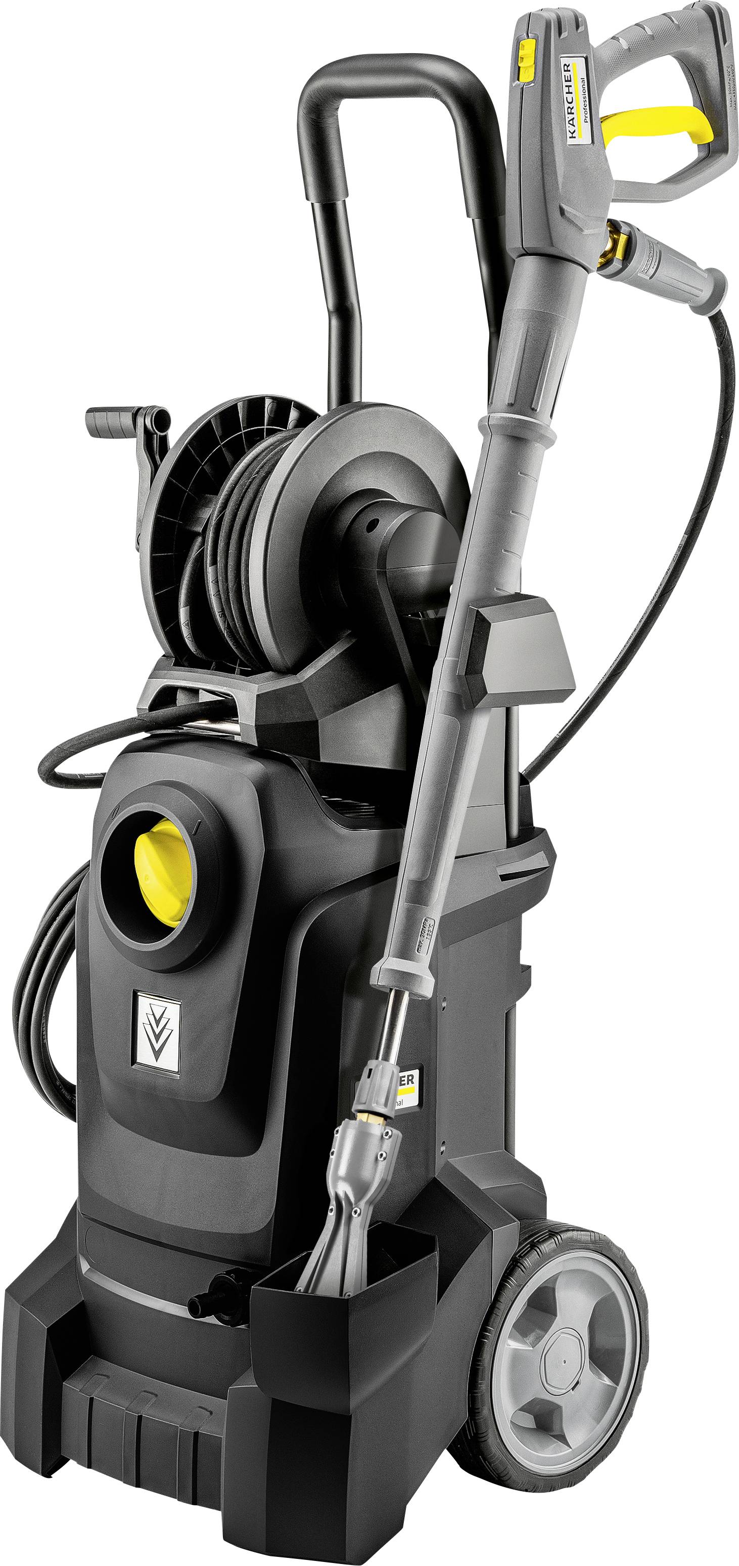 Ein Hochdruckreiniger mit einem langen Schlauch, Spritzpistole, Schlauchspule und Rädern für einfachen Transport, konzipiert für effektive Hochdruckreinigungsaufgaben.