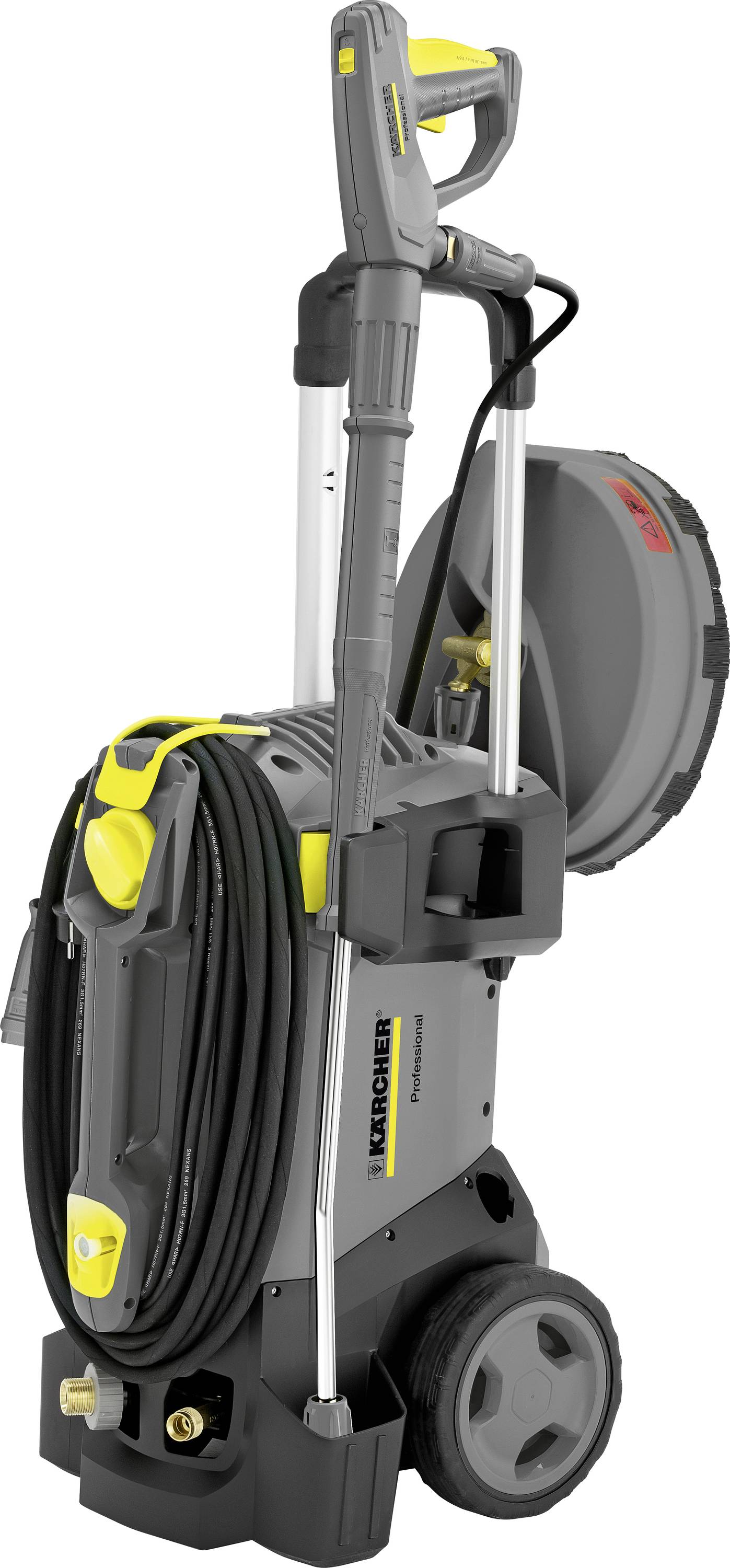 Ein tragbarer Hochdruckreiniger mit kompaktem Design, ausgestattet mit Rädern, einem gelb-schwarzen Farbschema und Schlauchangaben für einfachen Transport.