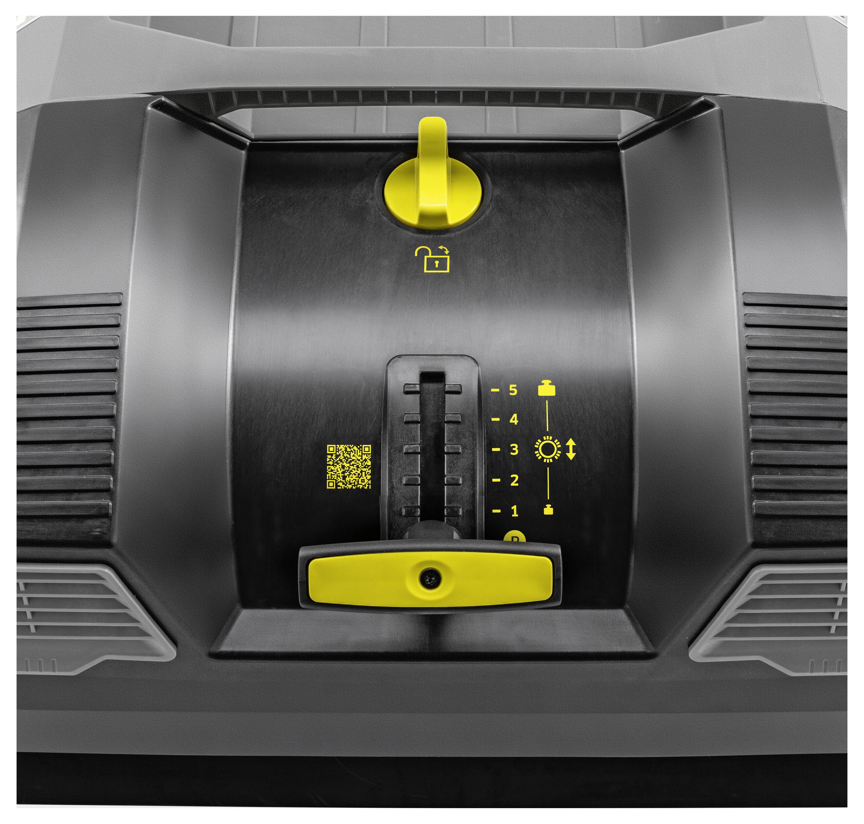 Nahaufnahme des Bedienfelds eines Rasenmähers mit einem gelben Hebel zur Einstellung der Schnitthohe, nummerierten Einstellungen und einem Schlosssymbol.