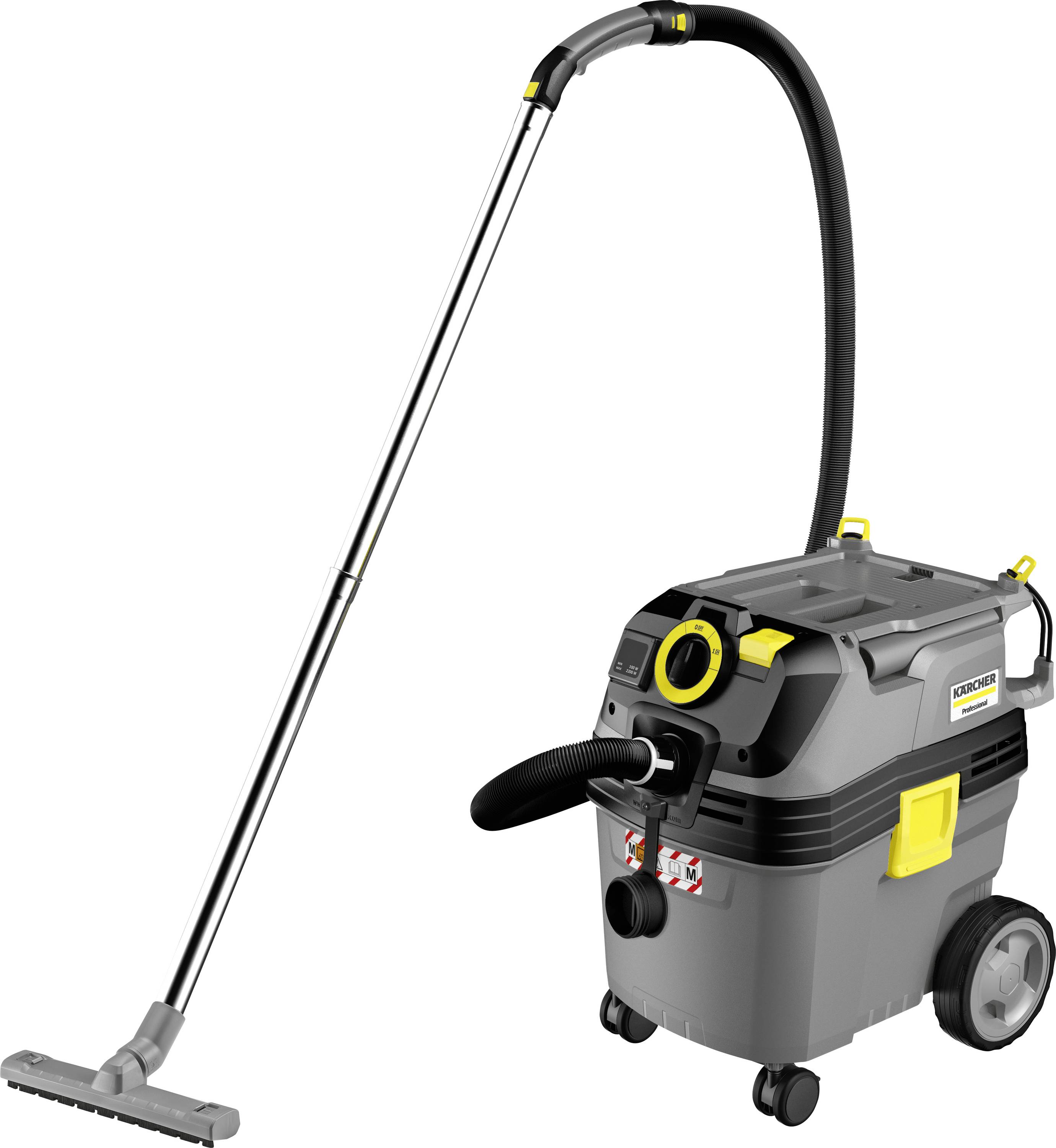 Industriestaubsauger mit langem Schlauch und silbernem Verlängerungsrohr, konzipiert für intensive Reinigungsarbeiten, verbesserte Mobilität durch Räder.