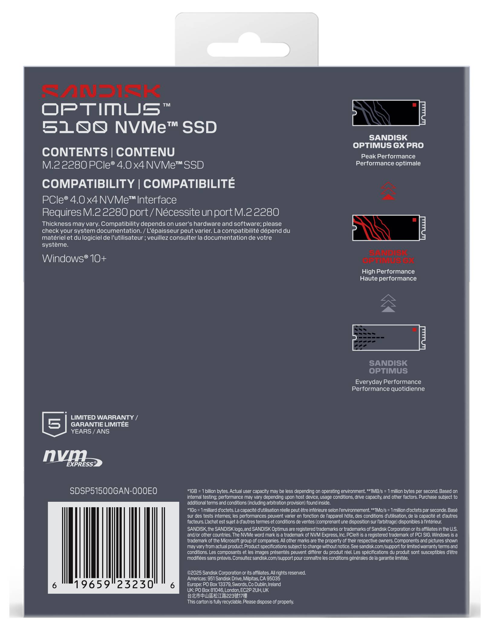 SanDisk Optimus 5100 500 GB Interne M.2 PCIe NVMe SSD 2280 PCIe NVMe 4.0 x4 Retail SDSP51500GAN-000E0