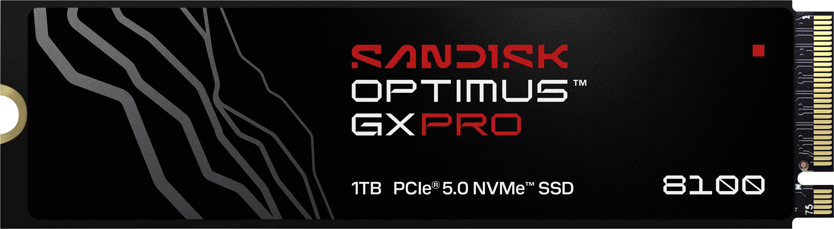SanDisk Optimus GX Pro 1TB PCIe 5.0 NVMe SSD, Modell 8100, mit elegantem Design und schwarzer sowie roter Farbgestaltung.
