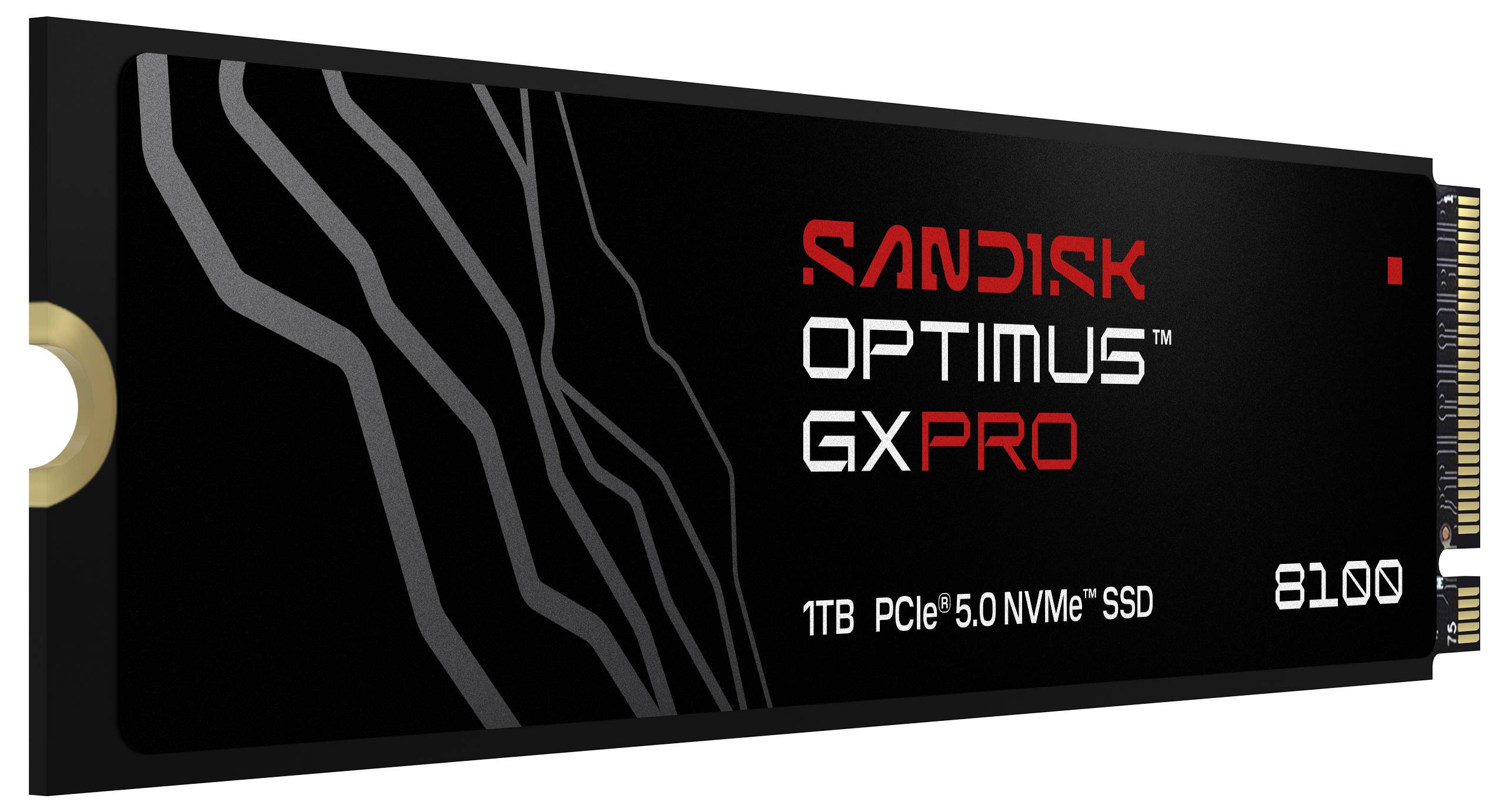 SanDisk Optimus GX Pro 8100, 1TB PCIe 5.0 NVMe SSD, schwarz mit abstrakten weißen Linien auf dem Etikett.
