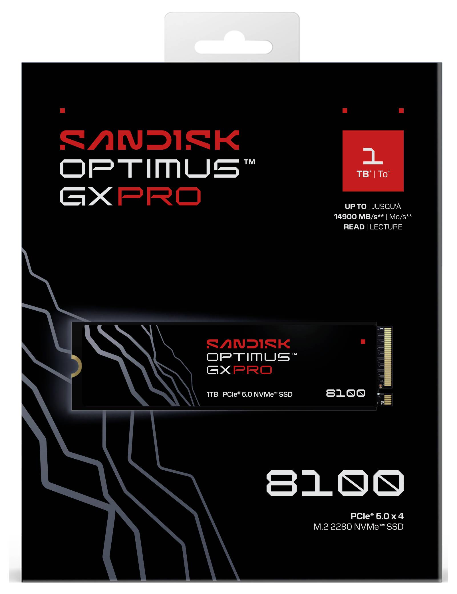 Sandisk Optimus GX Pro, 1TB SSD Verpackung, PCIe 5.0 x4, M.2 2280 NVMe. Highlights 14.000 MB/s Lesegeschwindigkeit und verschiedene Funktionen.