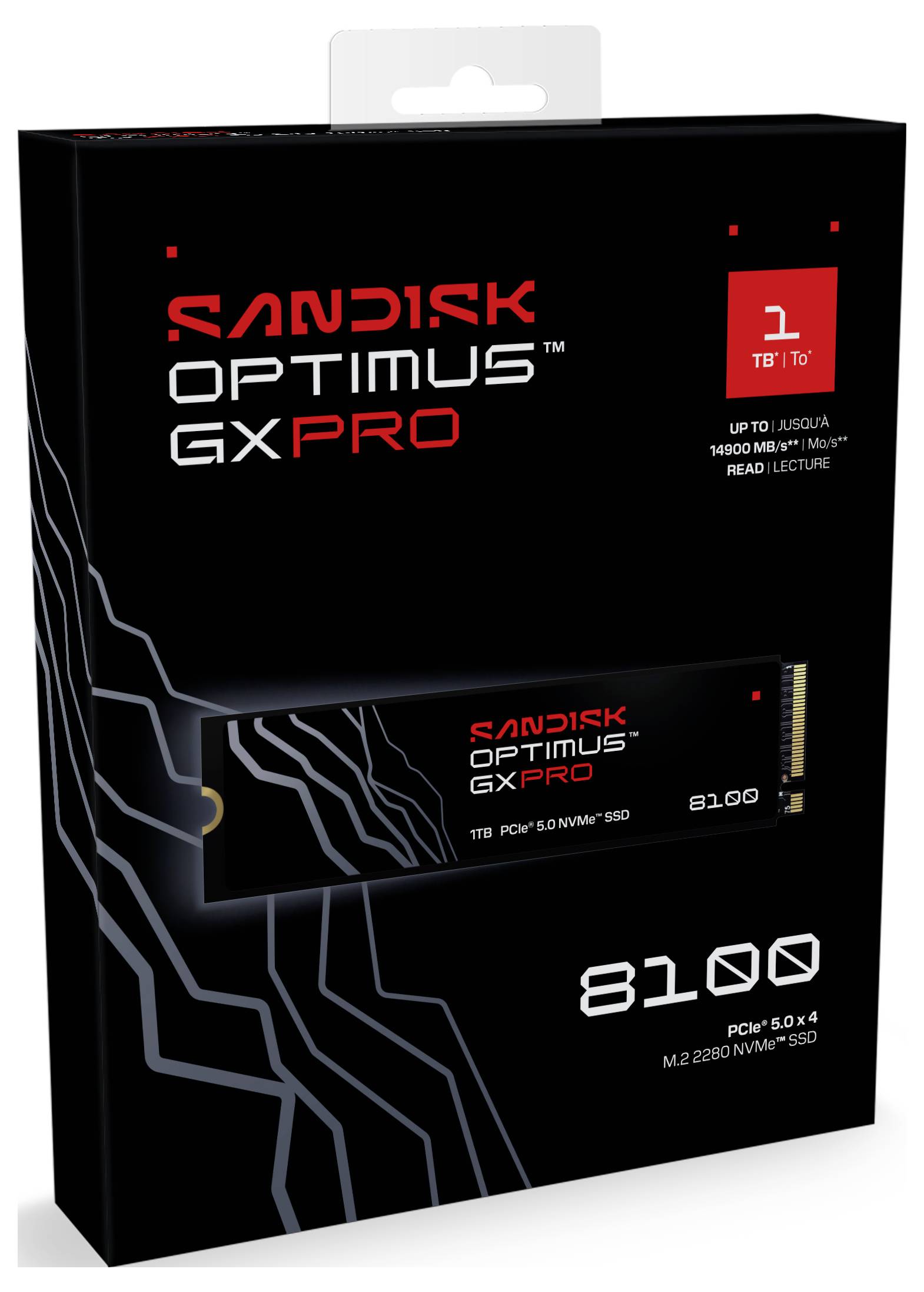 'Sandisk Optimus GX Pro' 1TB PCIe 5.0 NVMe M.2 SSD Verpackung mit elegantem Design und Leistungsangaben: bis zu 12.400 MB/s Lesegeschwindigkeit.