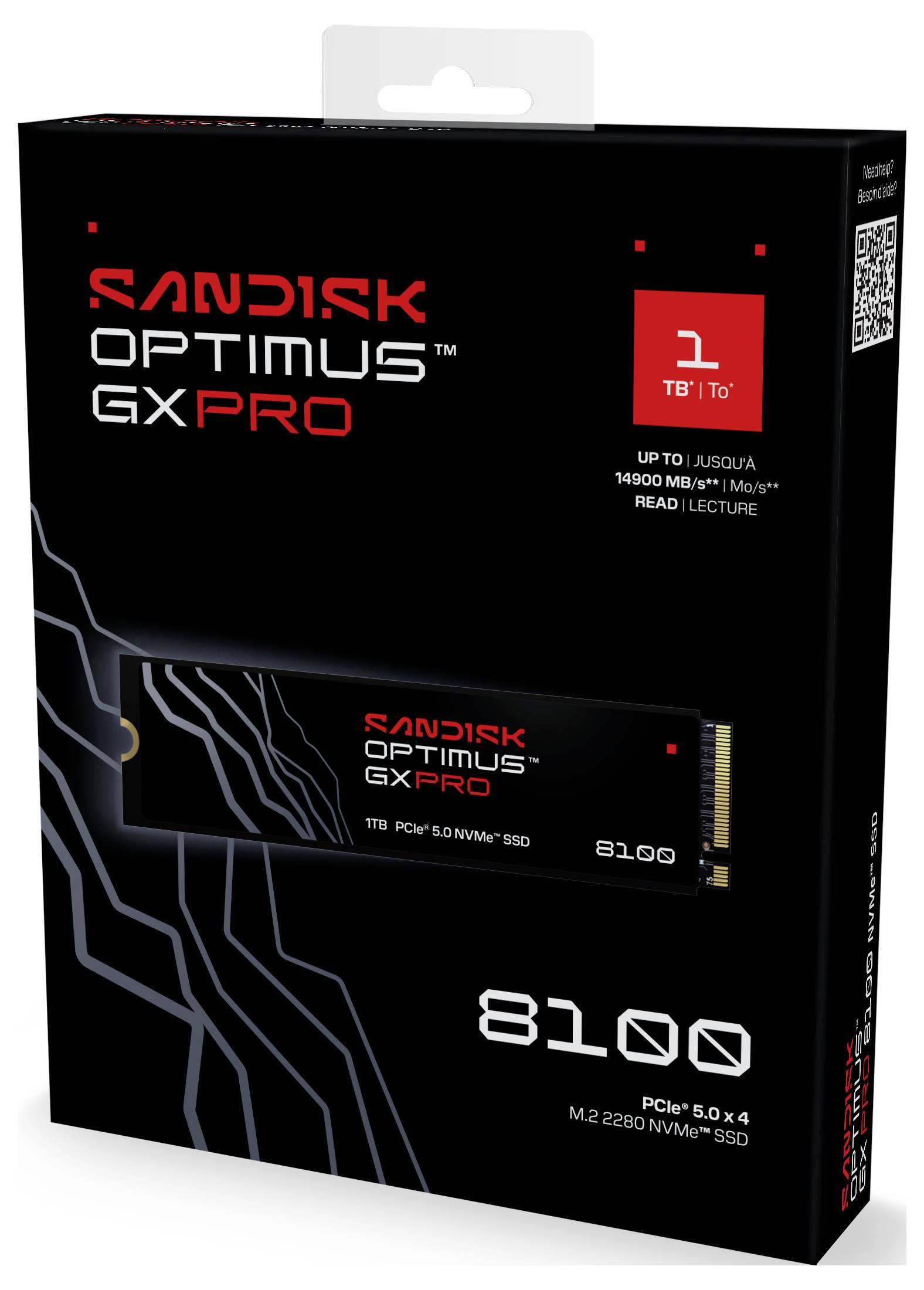 Die Abbildung zeigt eine Verpackungsbox für eine 'SanDisk Optimus GX Pro' SSD mit Spezifikationen wie '1 TB' und 'PCIe 5.0 x4'.