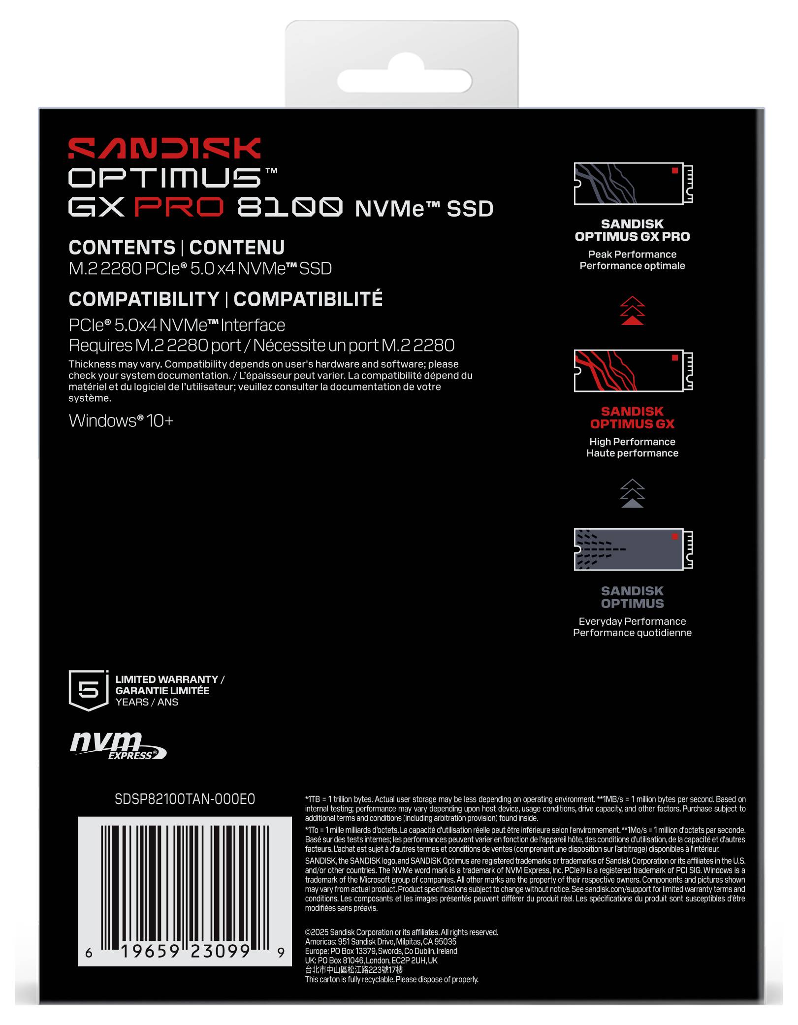 Rückseite der SanDisk 2TB SSD-Verpackung mit Kompatibilitätsdetails und Garantieinformationen, wobei die M.2- und PCIe 5.0-Funktionen hervorgehoben werden.