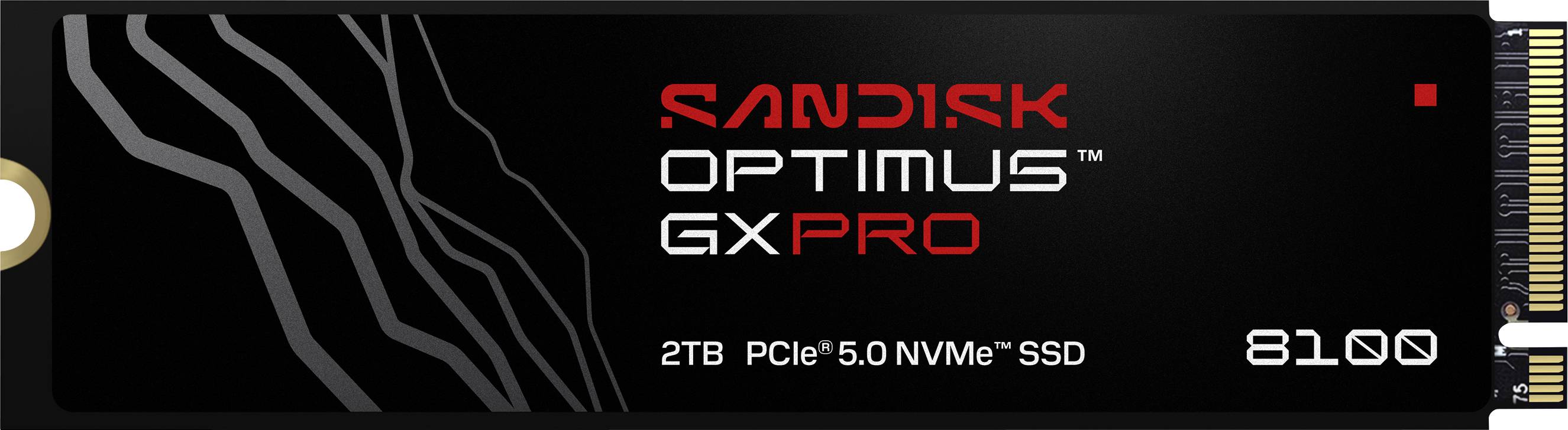 SanDisk Optimus GX Pro 2TB PCIe 5.0 NVMe SSD 8100 Solid-State Drive mit elegantem schwarzem Design und Schaltplanmuster.